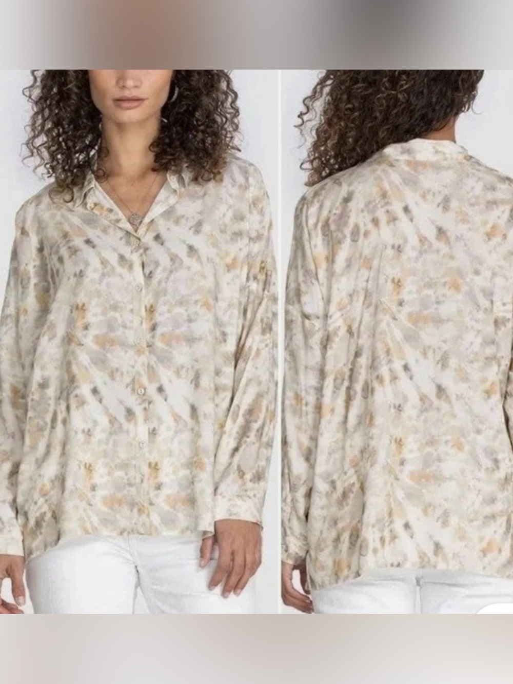 Johnny Was Calm Oversized Relaxed Button Long Sleeve Shirt Cream Colors Size M